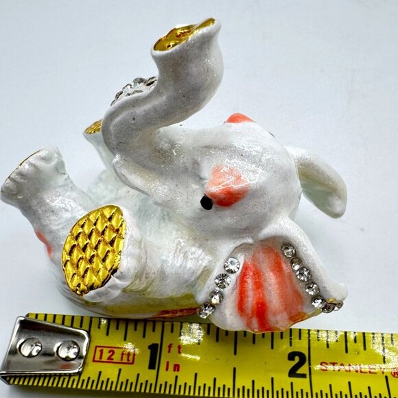 Bejeweled Enamel Hinged Trinket Box White & Gold Playful Elephant Rhinestones - Picture 4 of 9